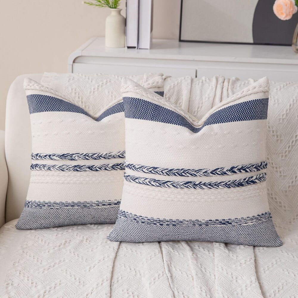 6715 Decorative Boho Navy Blue Striped Pillow Covers Set of 2-18x18 Inch